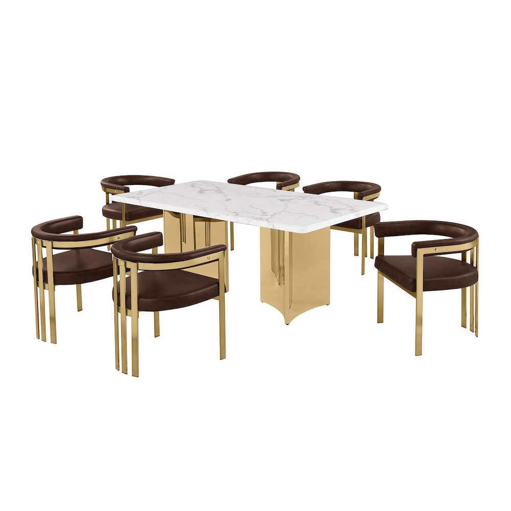 7pc 72″ Marble Top Dining Set with 6 Espresso Chairs