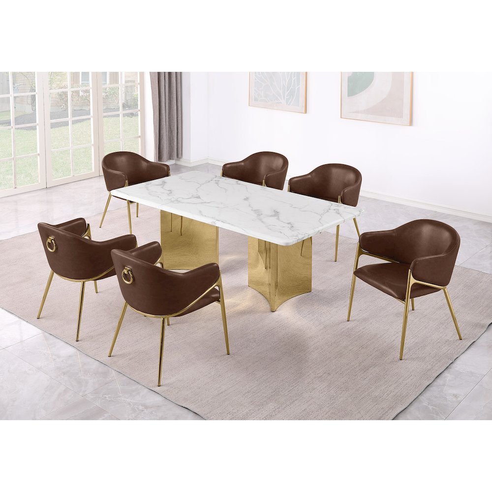 9pc Rectangular White Marble Top with 8 Mocha Boucle Fabric Chairs
