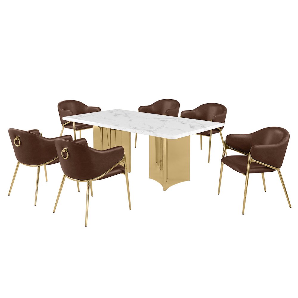 9pc Rectangular White Marble Top with 8 Mocha Boucle Fabric Chairs