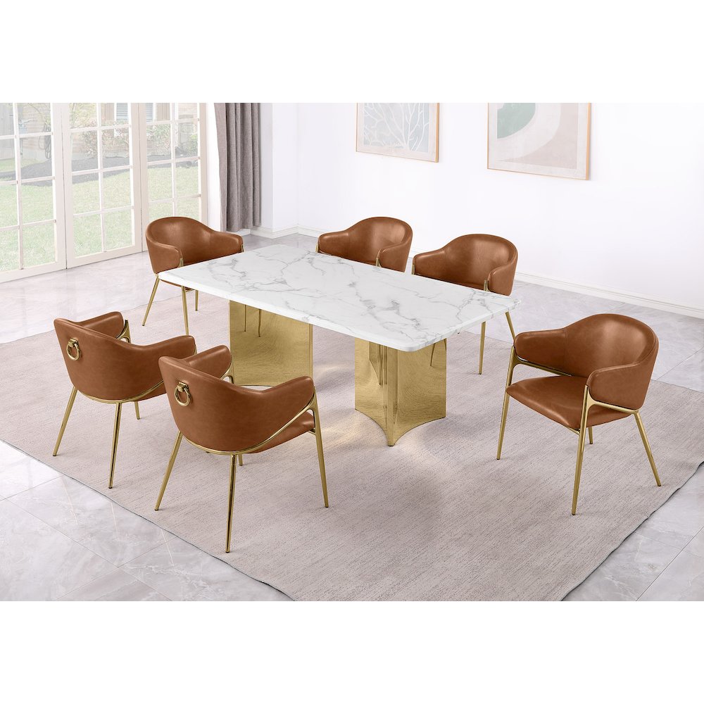 9pc Rectangular White Marble Top with Toffee Boucle Fabric Chairs