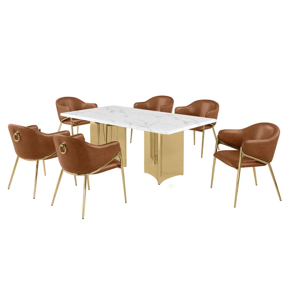 9pc Rectangular White Marble Top with Toffee Boucle Fabric Chairs