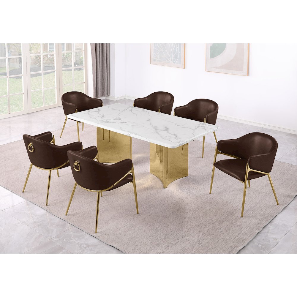 9pc Rectangular White Marble Top with Espresso Boucle Fabric Chairs