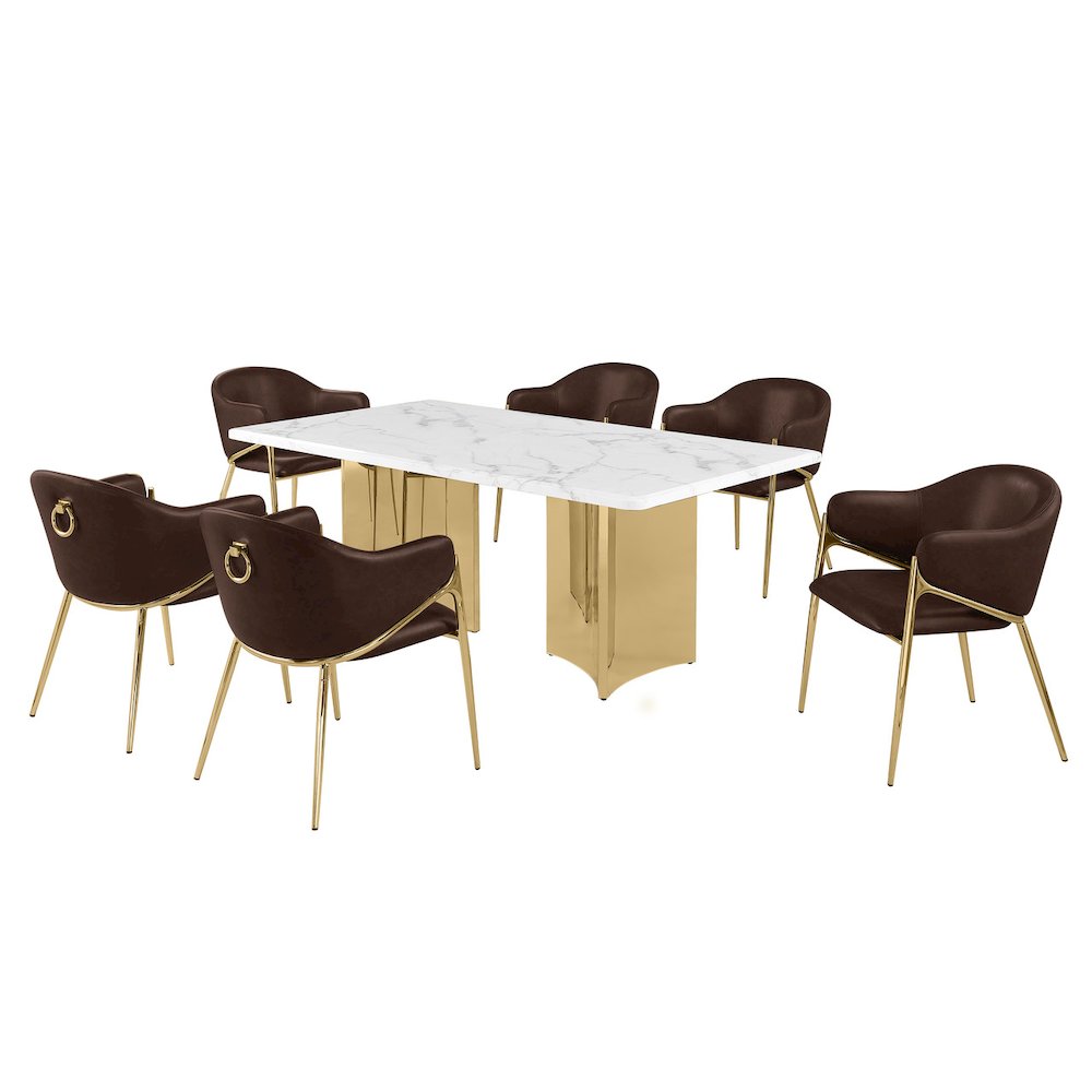9pc Rectangular White Marble Top with Espresso Boucle Fabric Chairs