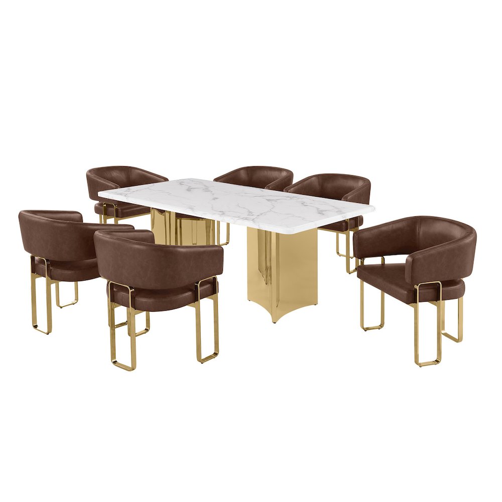 7pc Dining Table Set with White Marble Top with 6 Mocha Leathaire Fabric Chair