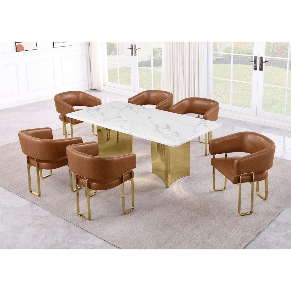7pc Dining Table Set with White Marble Top with 6 Toffee Leathaire Fabric Chair