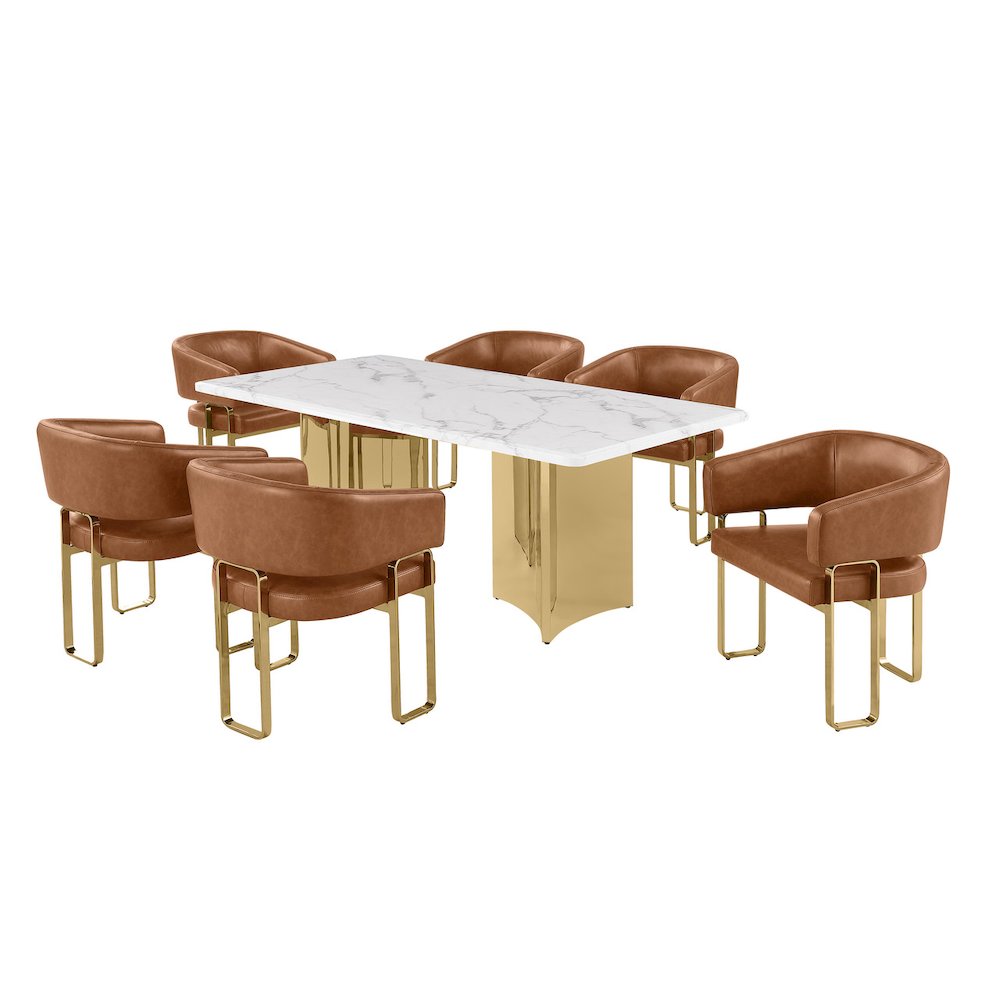7pc Dining Table Set with White Marble Top with 6 Toffee Leathaire Fabric Chair