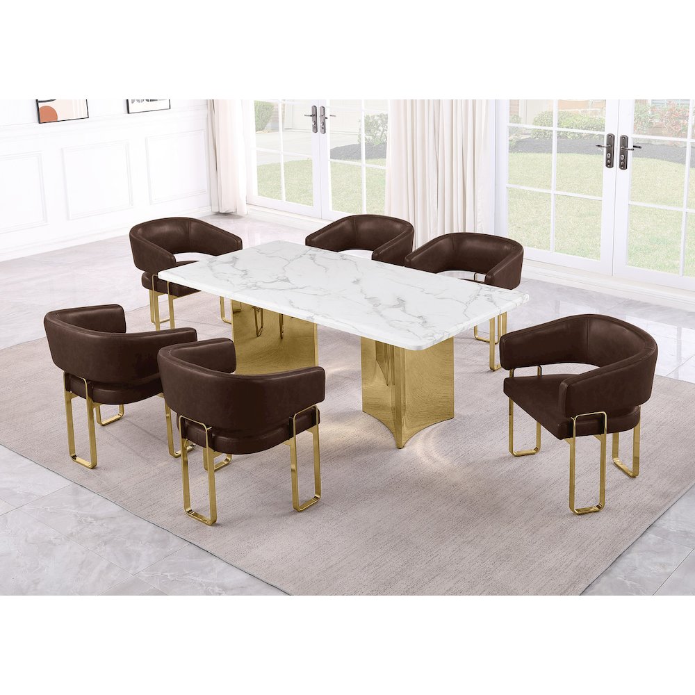 7pc Dining Table Set with White Marble Top with 6 Espresso Leathaire Chair