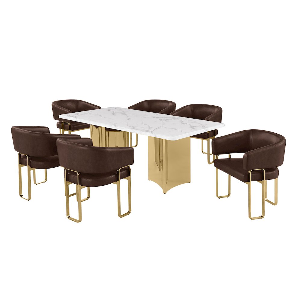 7pc Dining Table Set with White Marble Top with 6 Espresso Leathaire Chair