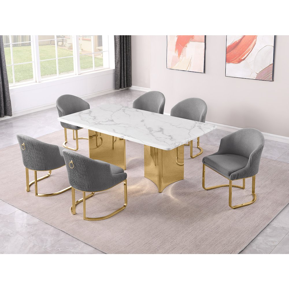 7pc Rectangular Dining Table Gold Base Set with White Marble Top and Gray Chairs