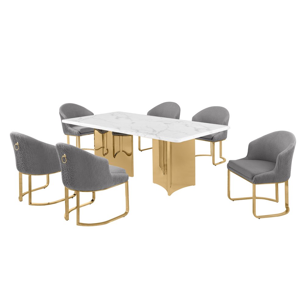 7pc Rectangular Dining Table Gold Base Set with White Marble Top and Gray Chairs