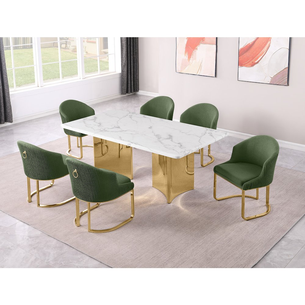 7pc Rectangular Dining Table Gold Base Set with White Marble Top and Chairs