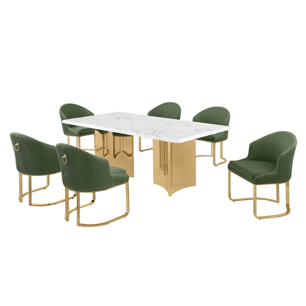 7pc Rectangular Dining Table Gold Base Set with White Marble Top and Chairs