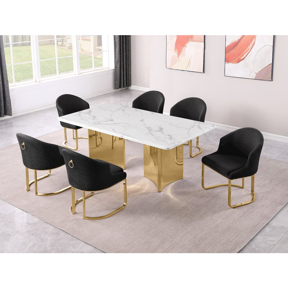 7pc Rectangular Dining Table Gold Base Set with White Marble Top and Chairs
