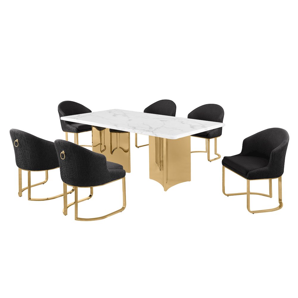 7pc Rectangular Dining Table Gold Base Set with White Marble Top and Chairs