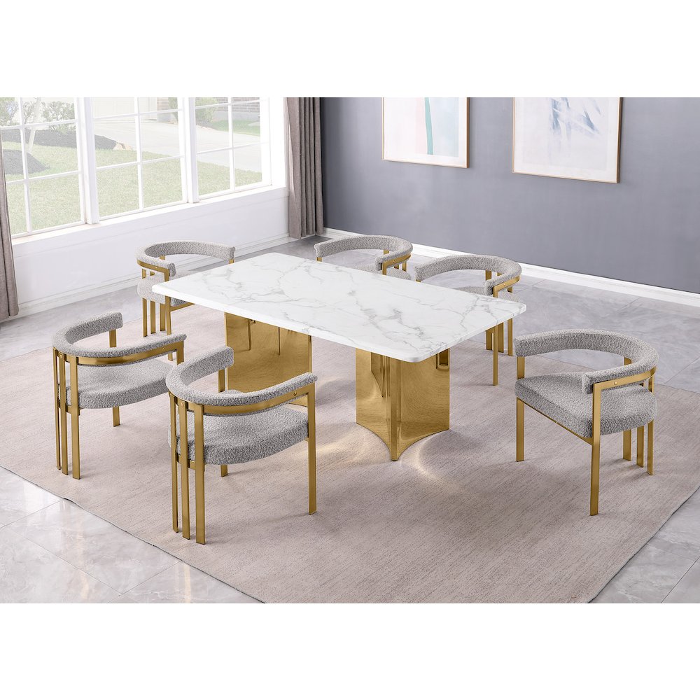 7pc Rectangular White Marble Top with 6 Rich Gray Boucle Fabric Chairs Gold Base