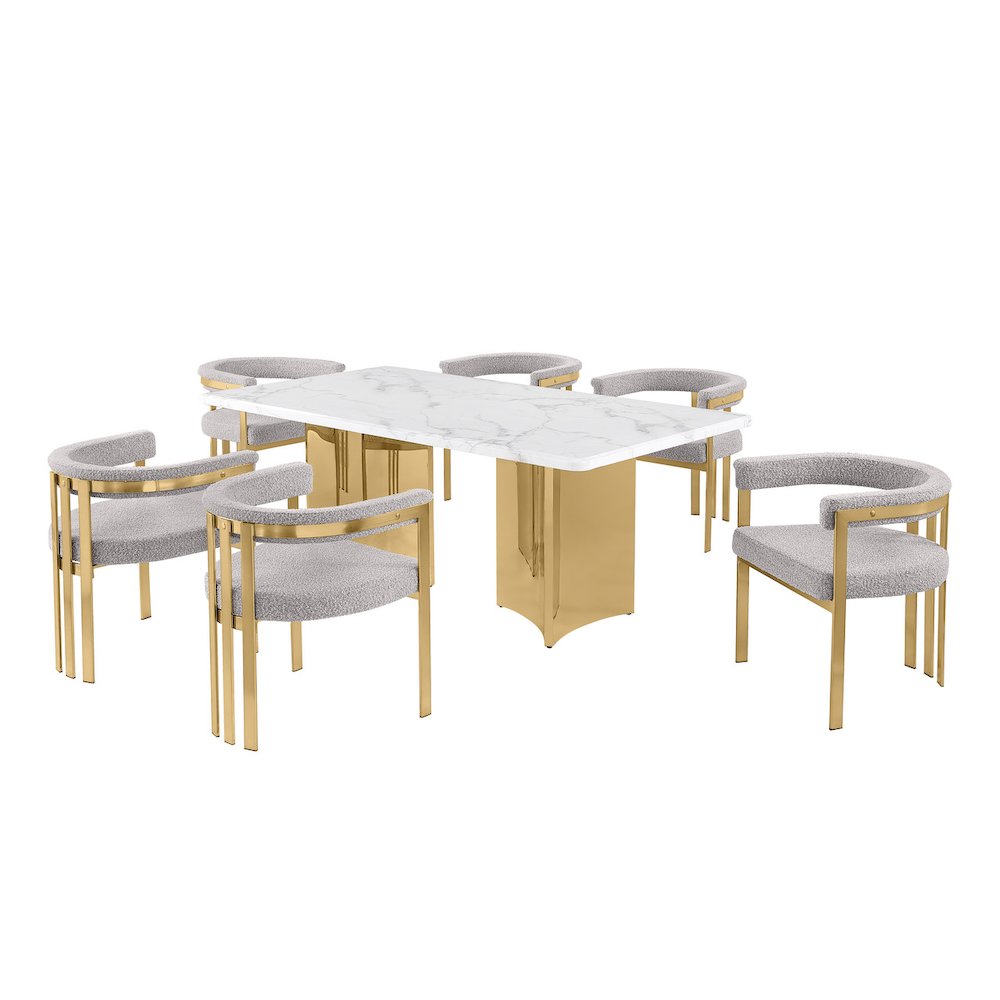 7pc Rectangular White Marble Top with 6 Rich Gray Boucle Fabric Chairs Gold Base