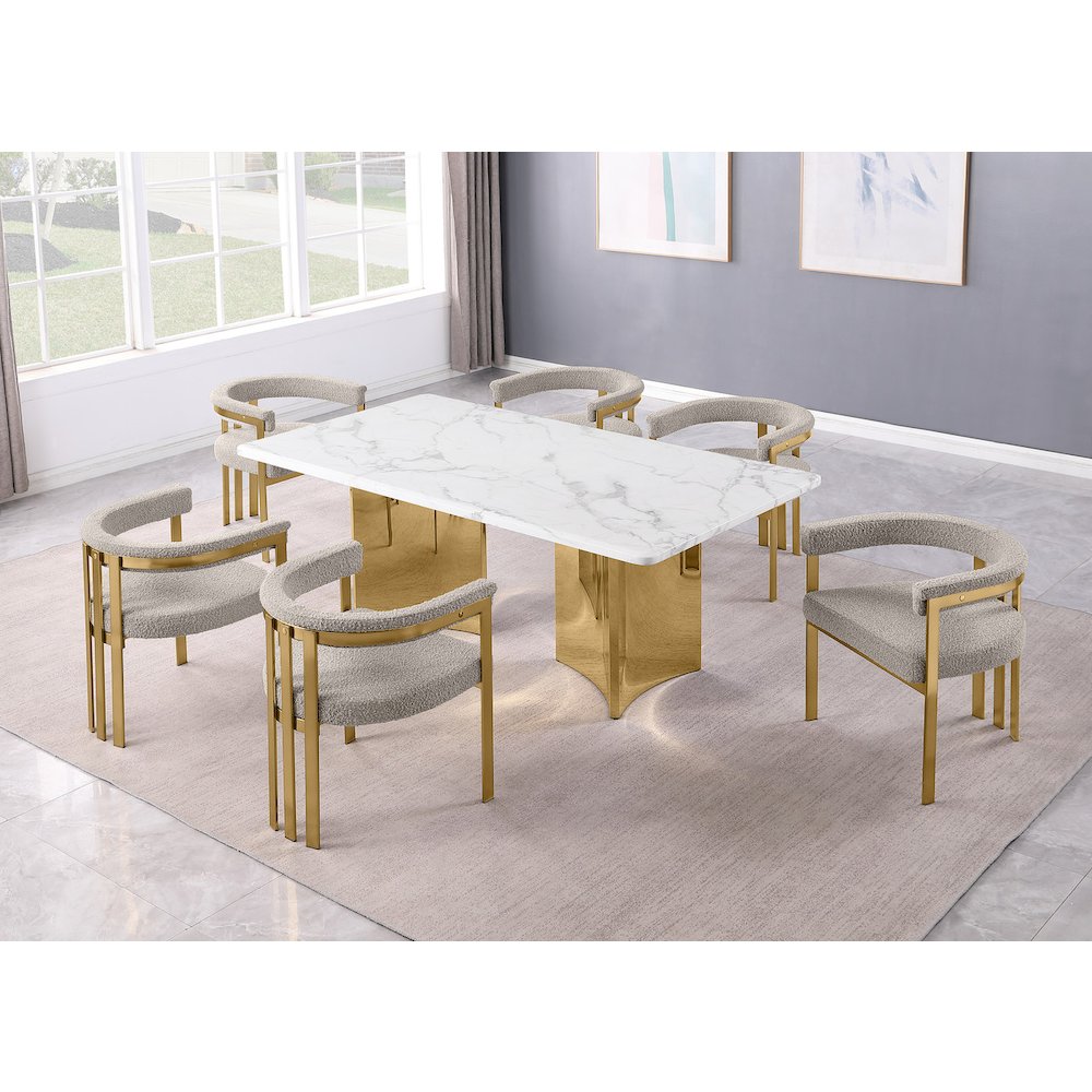 7pc Rectangular White Marble Top with 6 Gray Boucle Fabric Chairs Gold Base