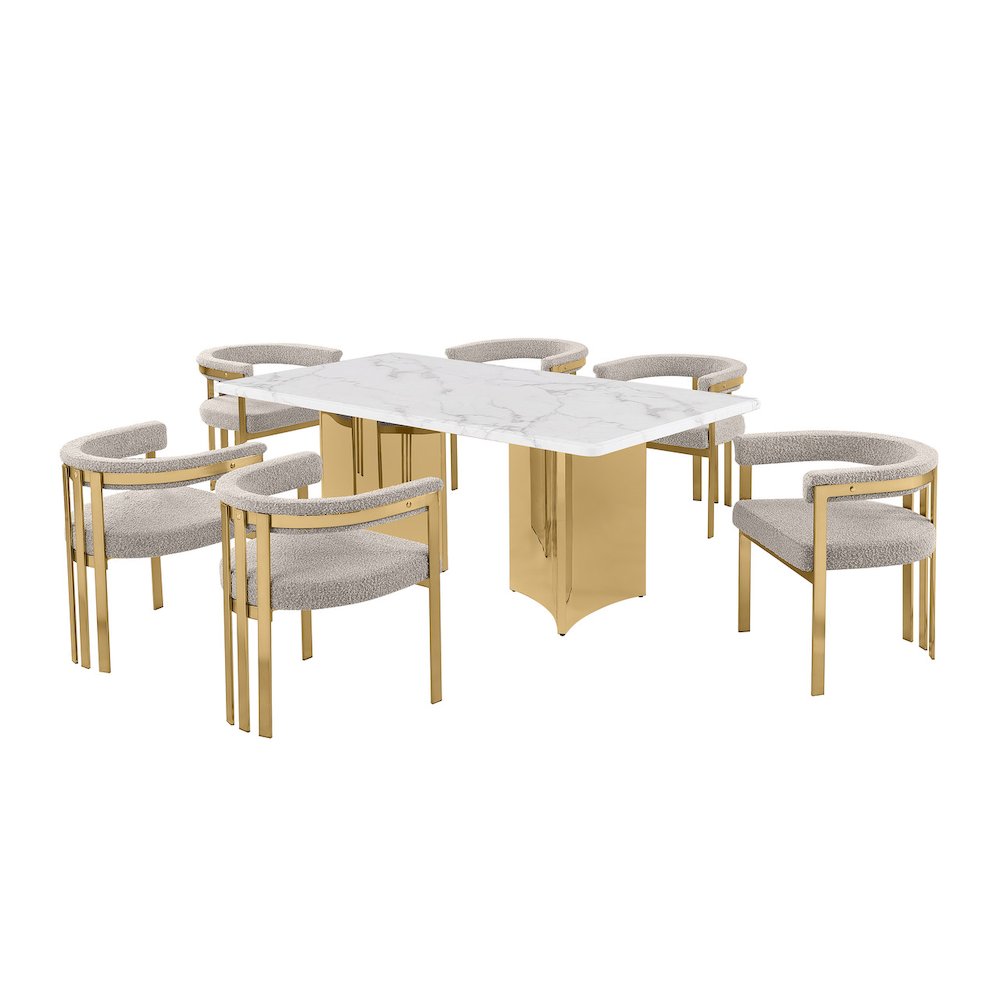 7pc Rectangular White Marble Top with 6 Gray Boucle Fabric Chairs Gold Base