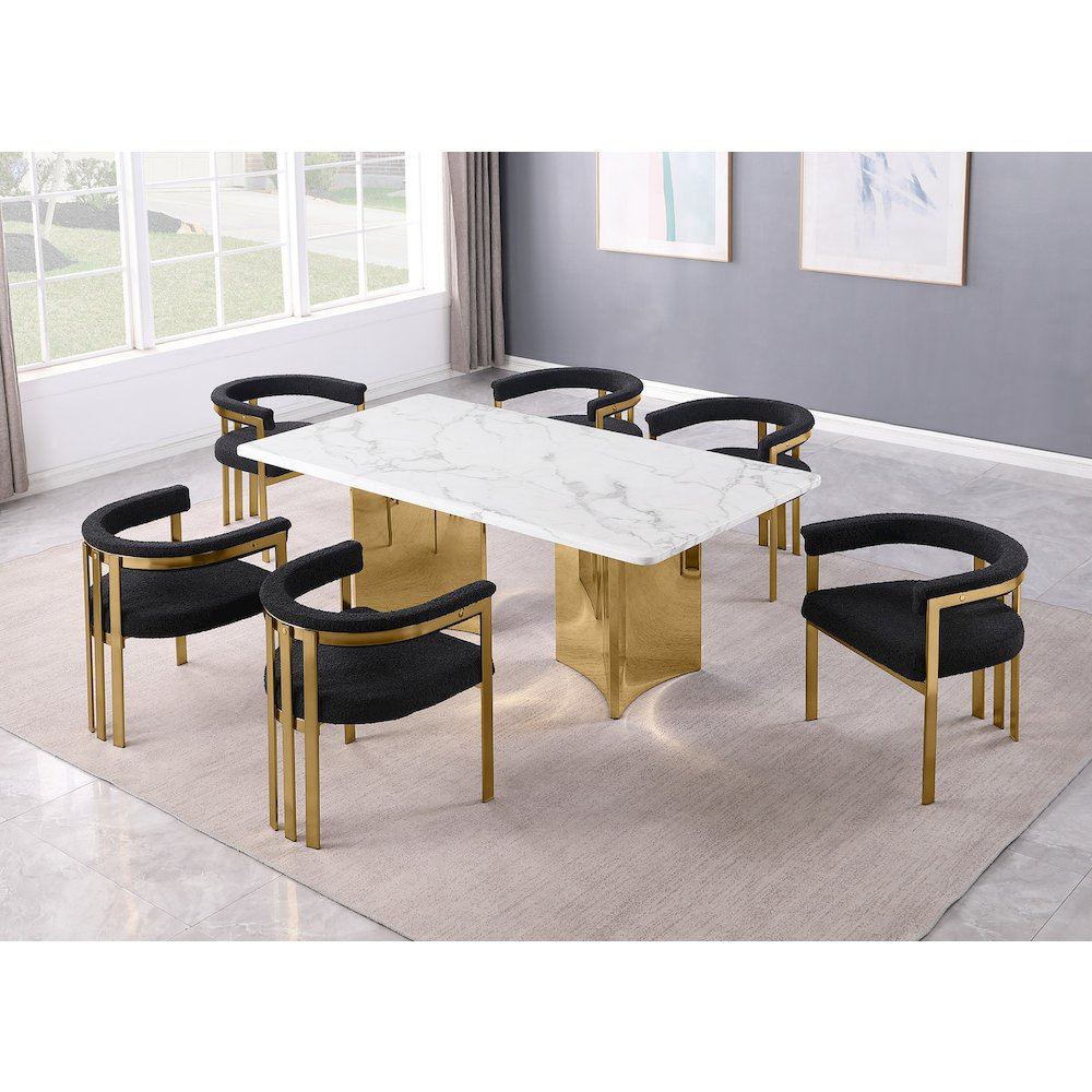 7pc Rectangular White Marble Top with 6 Black Boucle Fabric Chairs Gold Base