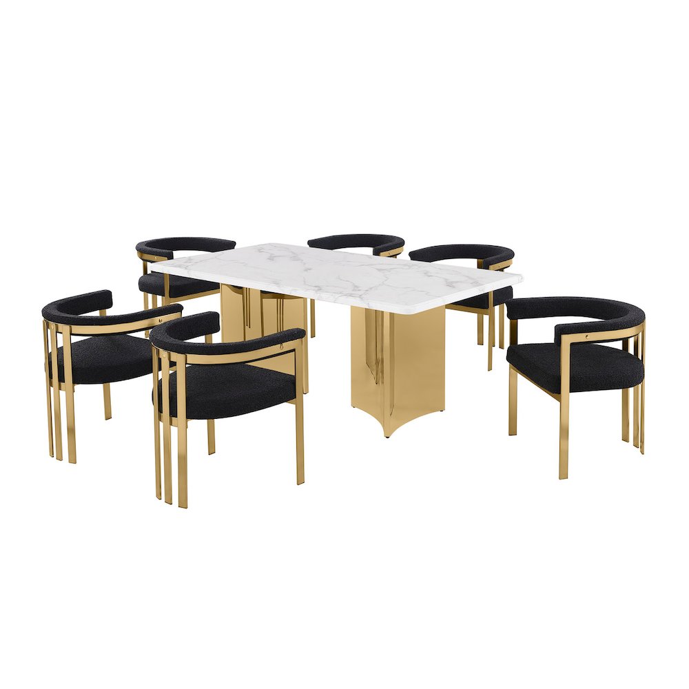 7pc Rectangular White Marble Top with 6 Black Boucle Fabric Chairs Gold Base