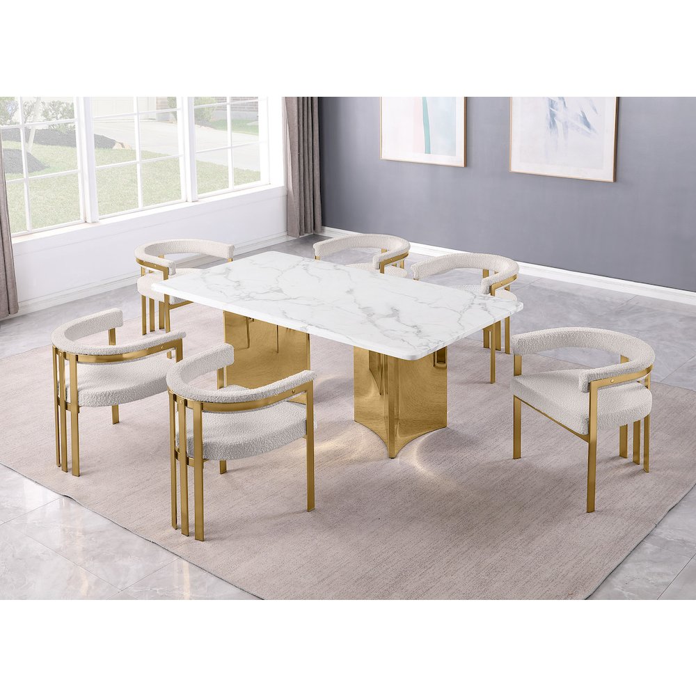 7pc Rectangular White Marble Top with 6 Cream Boucle Fabric Chairs Gold Base