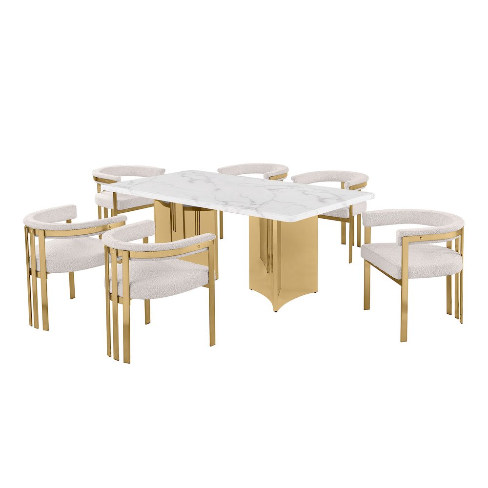 7pc Rectangular White Marble Top with 6 Cream Boucle Fabric Chairs Gold Base