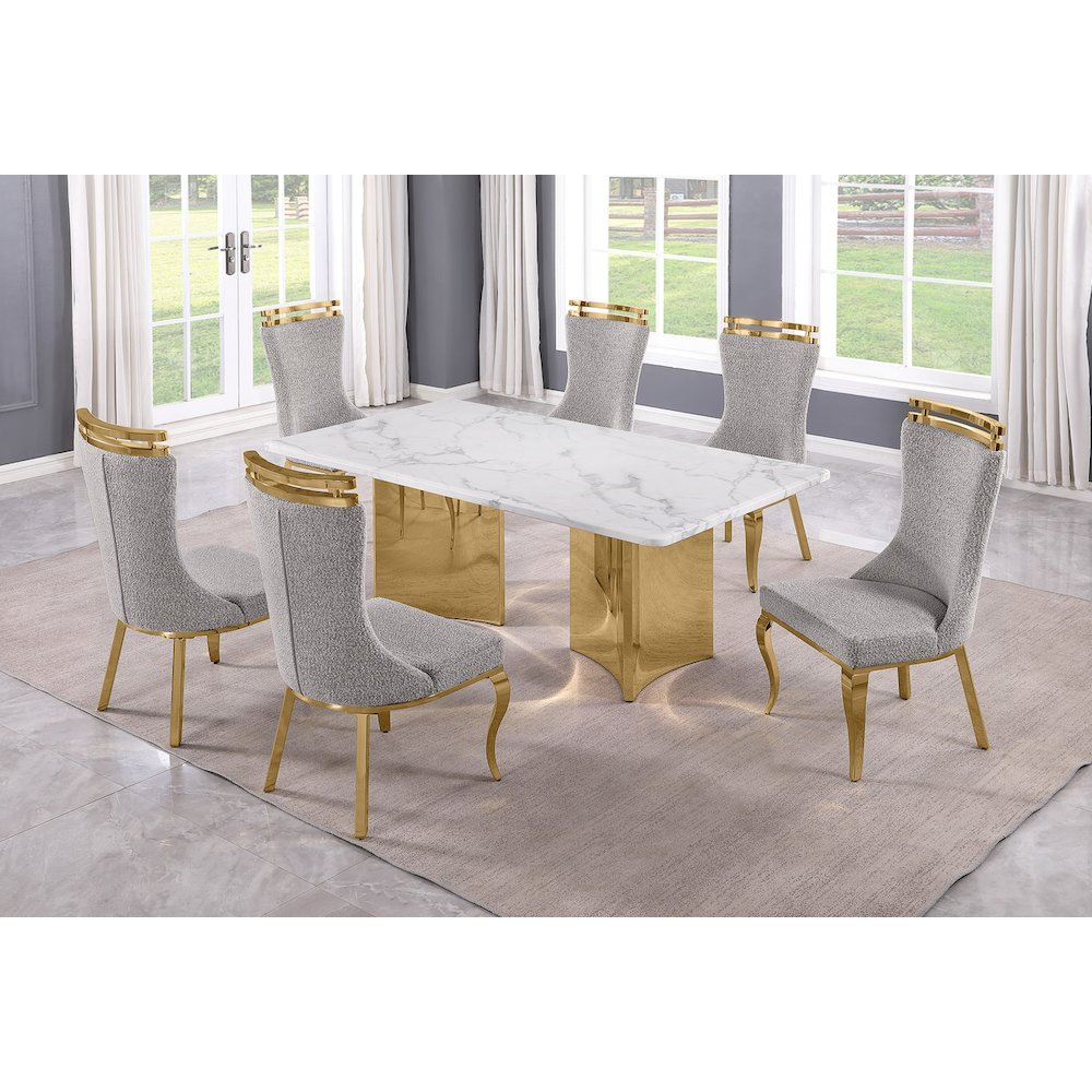 7pc Rectangular White Marble Top with 6 Rich Gray Boucle Fabric Chairs Gold Base