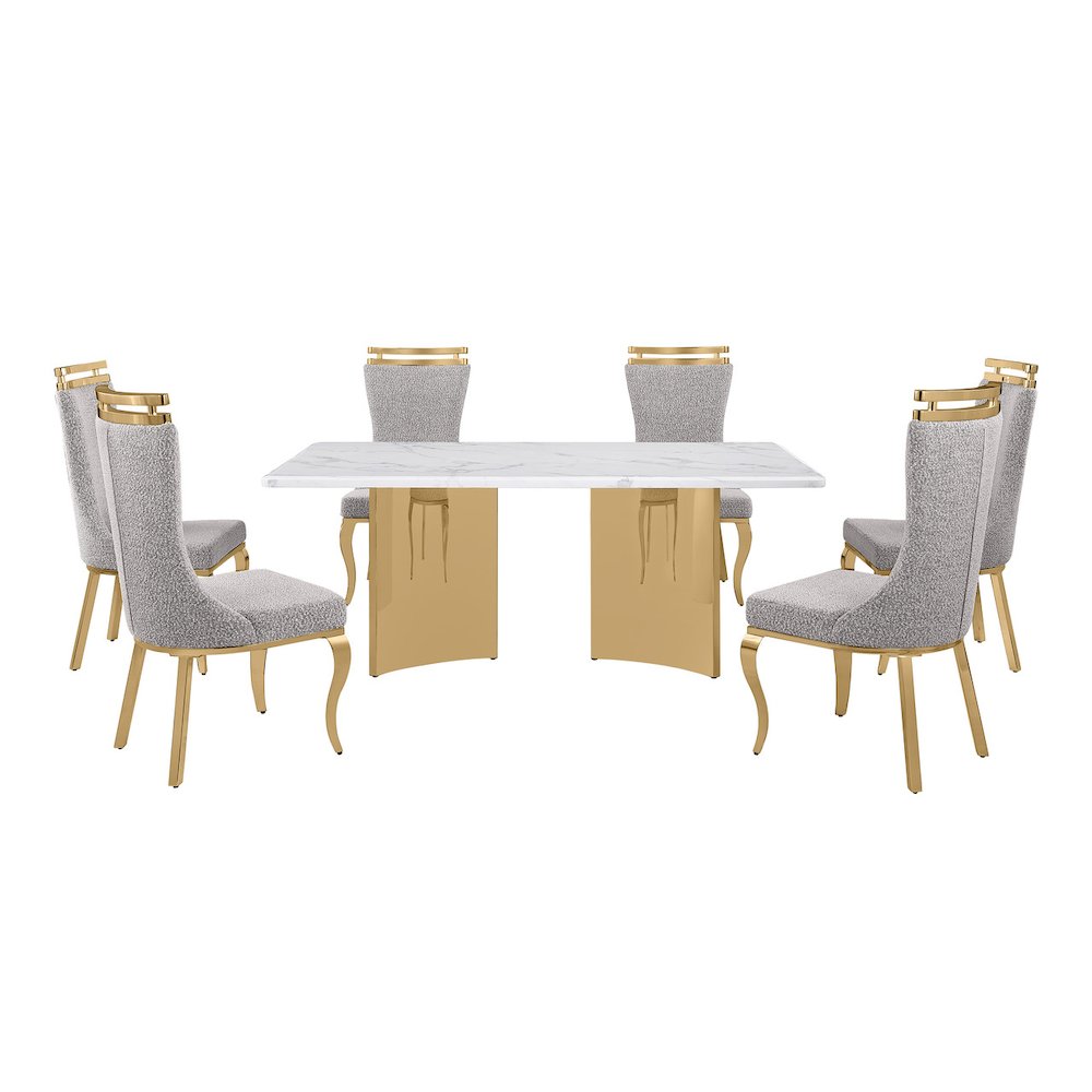 7pc Rectangular White Marble Top with 6 Rich Gray Boucle Fabric Chairs Gold Base