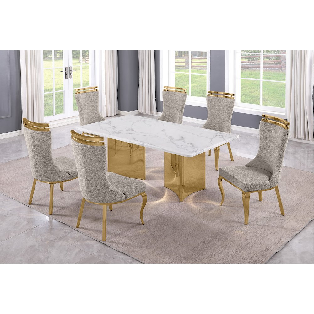 7pc Rectangular White Marble Top with 6 Gray Boucle Fabric Chairs Gold Base