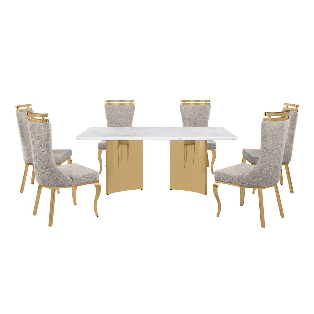 7pc Rectangular White Marble Top with 6 Gray Boucle Fabric Chairs Gold Base