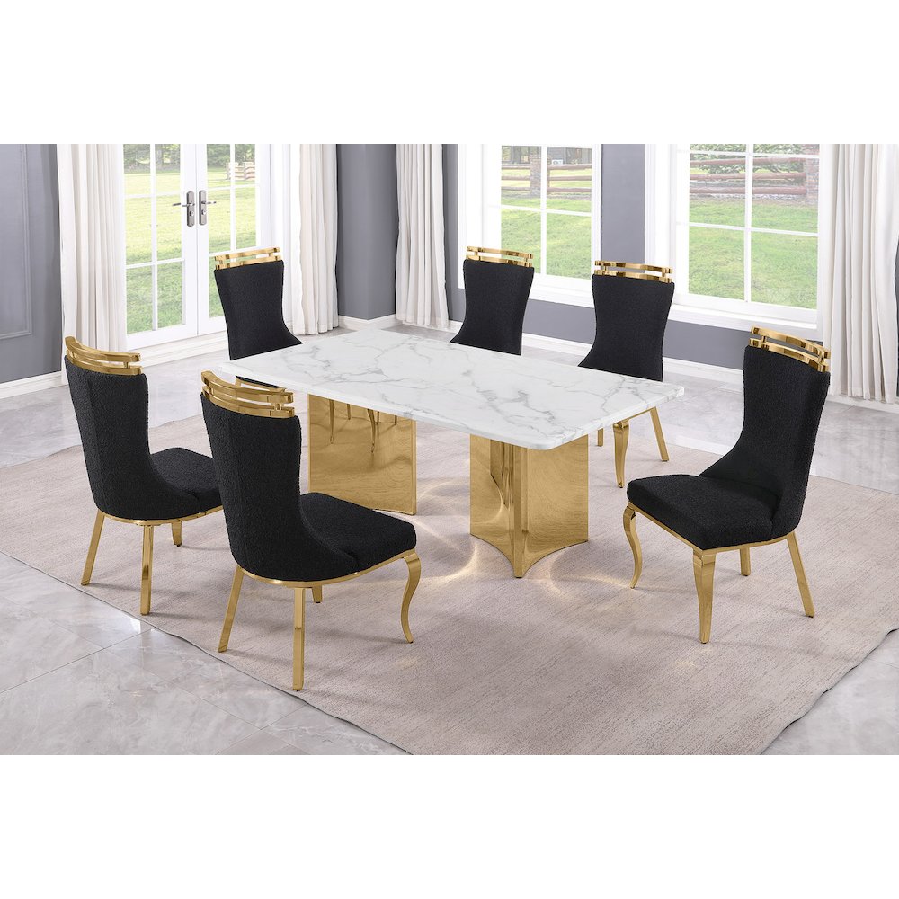 7pc Rectangular White Marble Top with 6 Black Boucle Fabric Chairs Gold Base