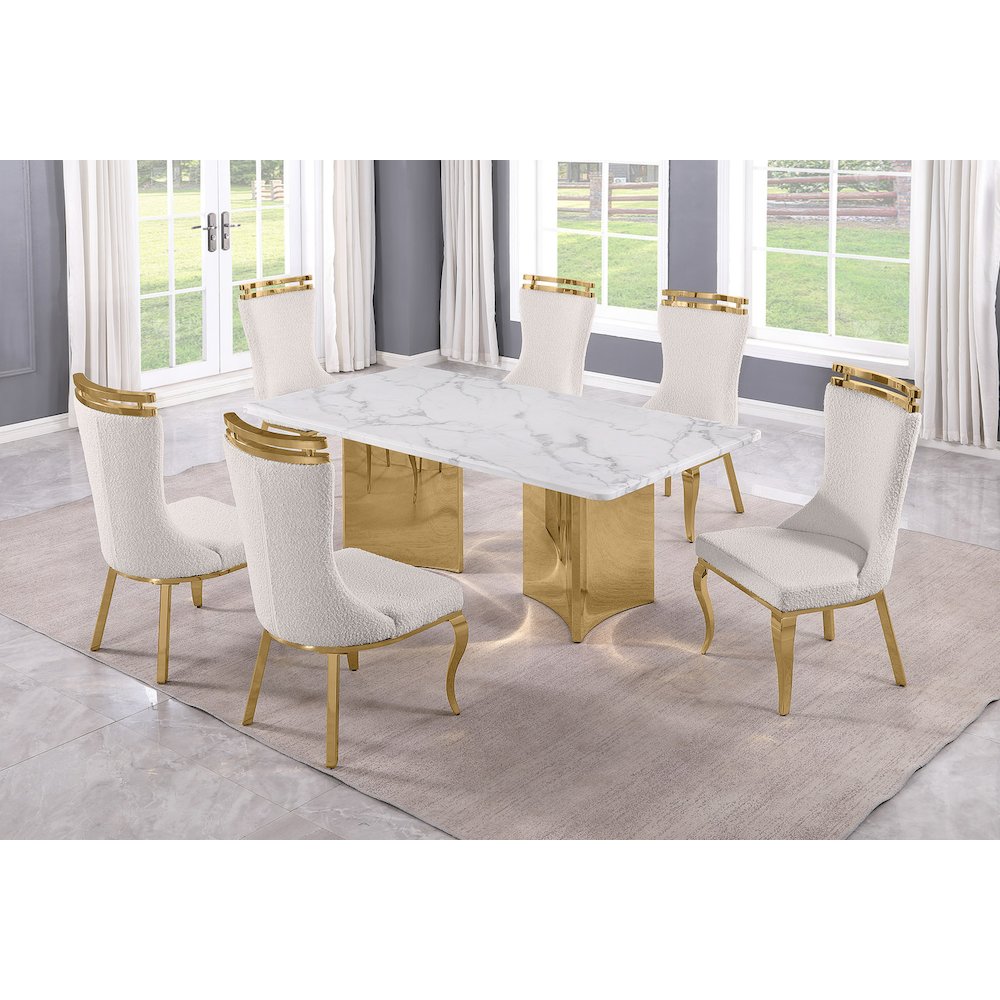 7pc Rectangular White Marble Top with 6 Cream Boucle Fabric Chairs Gold Base