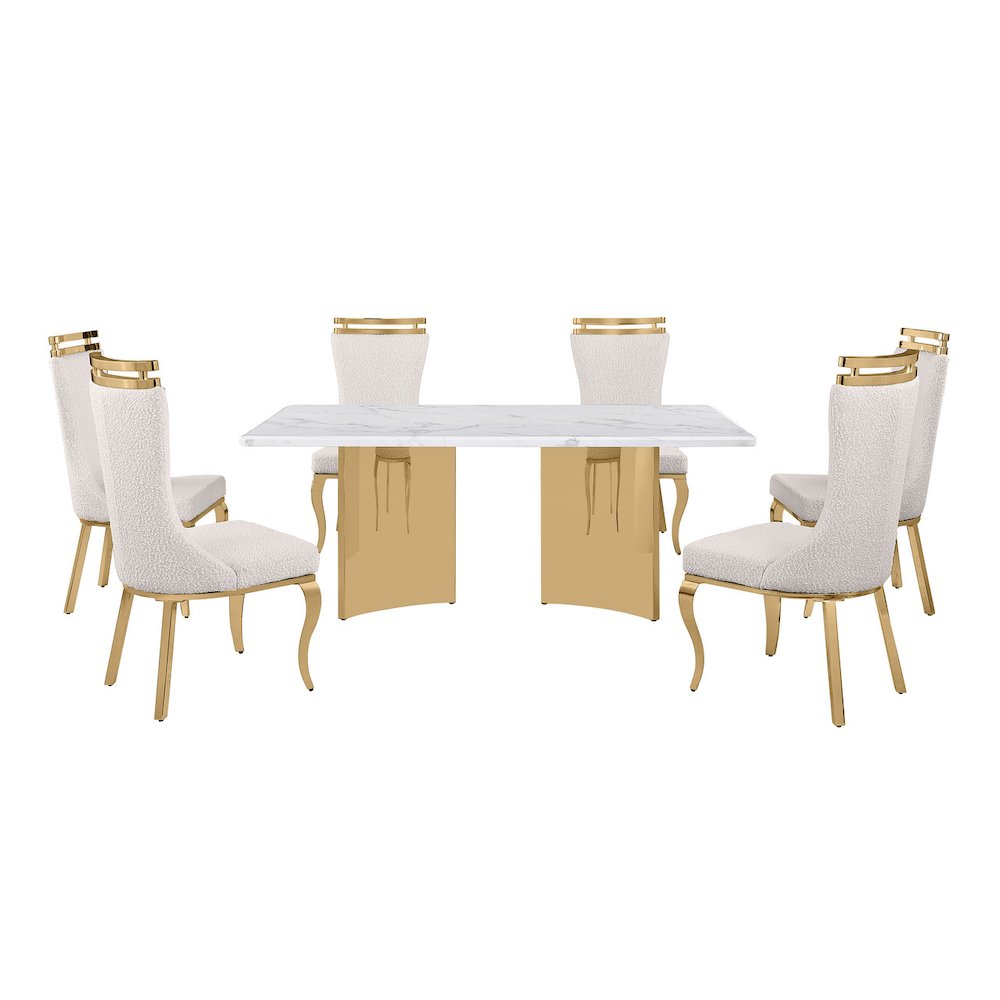 7pc Rectangular White Marble Top with 6 Cream Boucle Fabric Chairs Gold Base