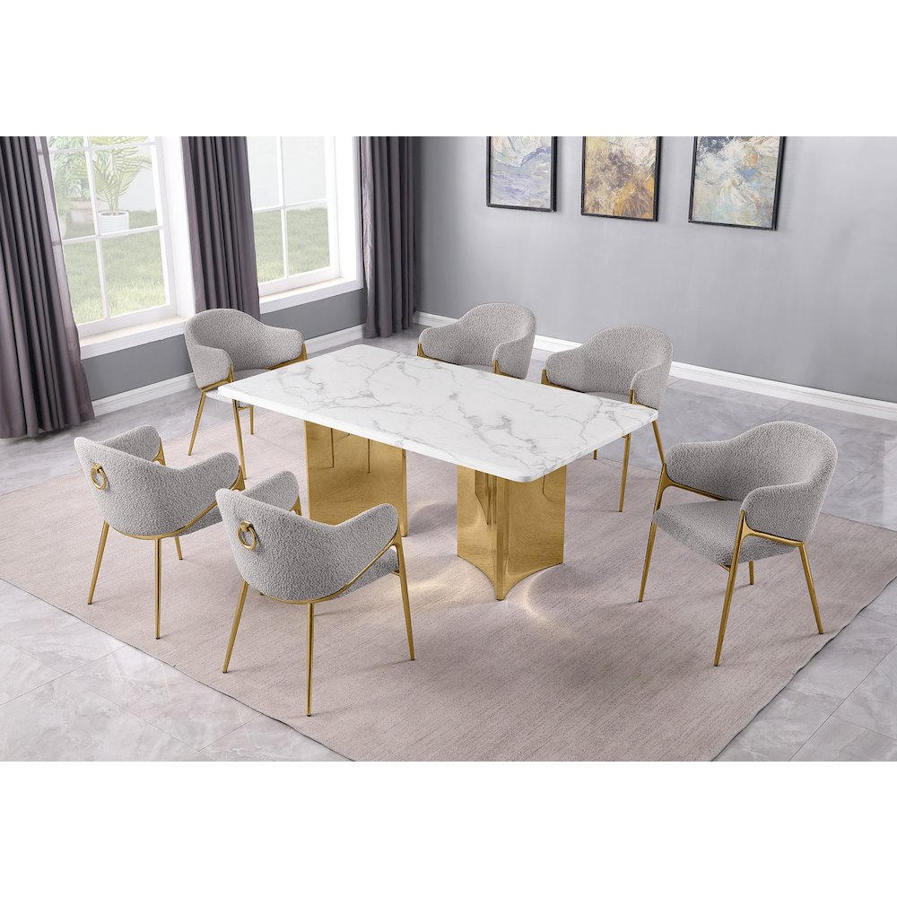 7pc Rectangular White Marble Top with 6 Rich Gray Boucle Fabric Chairs Gold Base