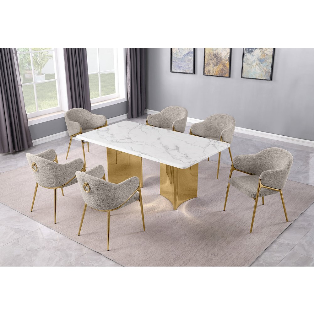 7pc Rectangular White Marble Top with 6 Gray Boucle Fabric Chairs Gold Base