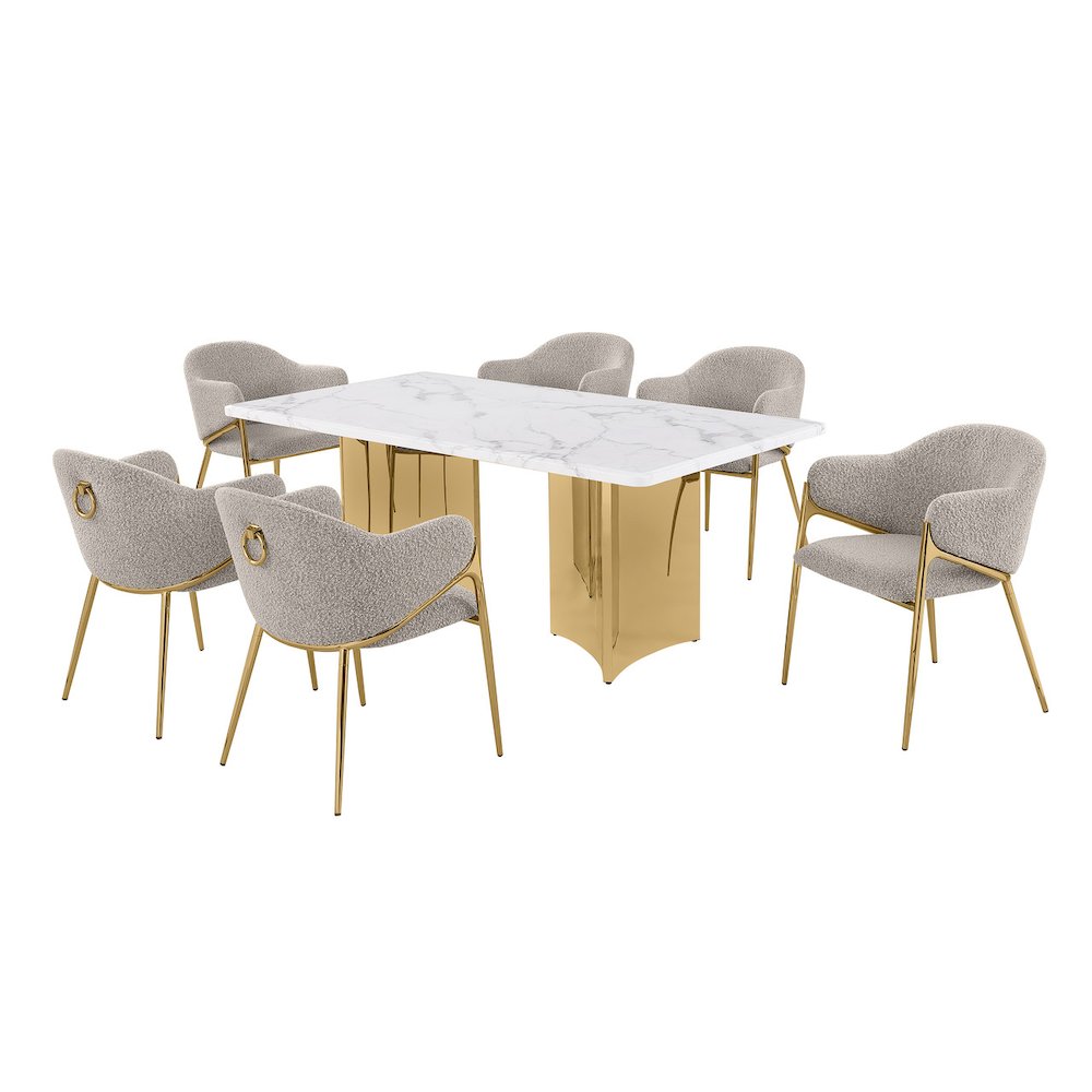 7pc Rectangular White Marble Top with 6 Gray Boucle Fabric Chairs Gold Base