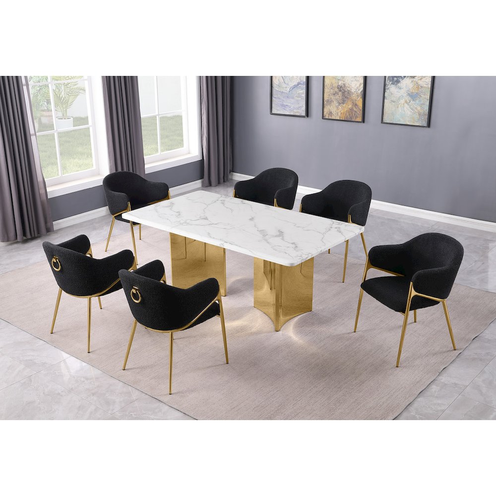 7pc Rectangular White Marble Top with 6 Black Boucle Fabric Chairs Gold Base