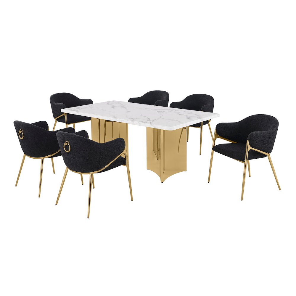 7pc Rectangular White Marble Top with 6 Black Boucle Fabric Chairs Gold Base