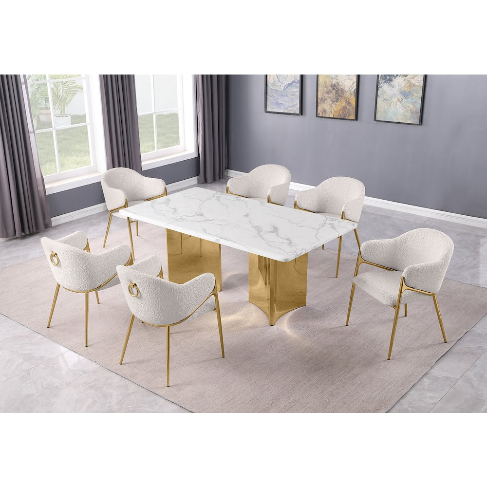 7pc Rectangular White Marble Top with 6 Cream Boucle Fabric Chairs Gold Base