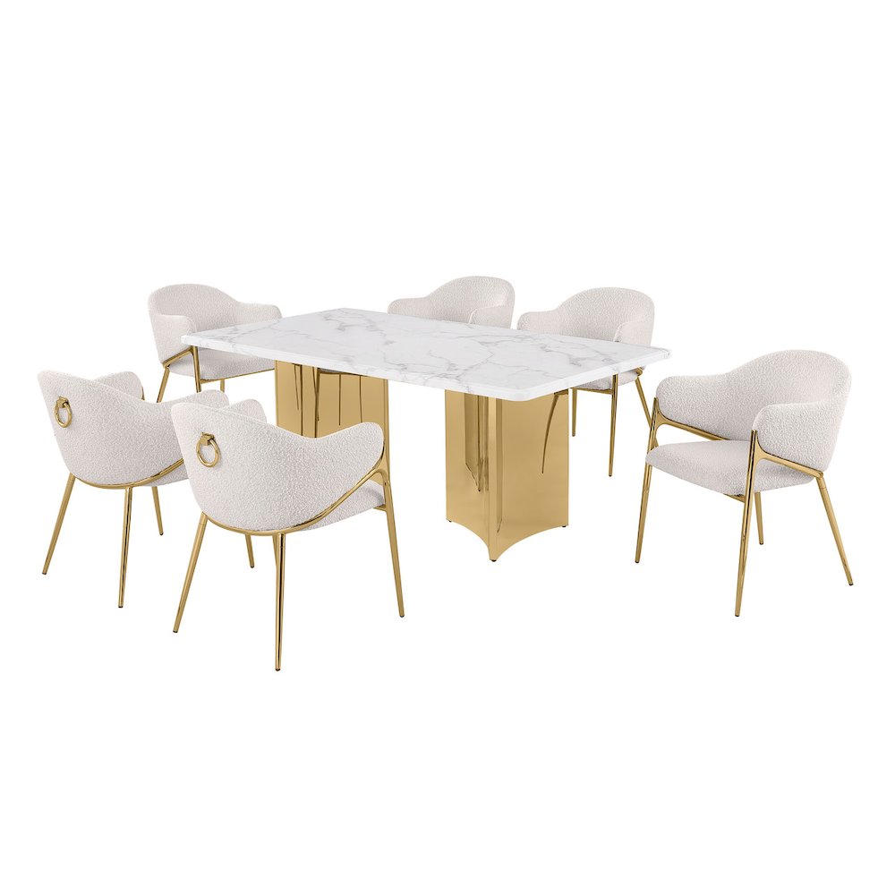 7pc Rectangular White Marble Top with 6 Cream Boucle Fabric Chairs Gold Base