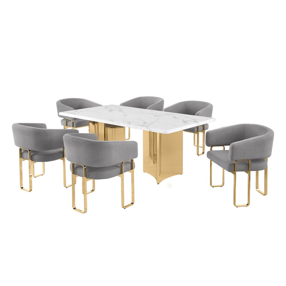 7pc Rectangular Dining Table Set with Marble Top with Dark Gray Tri-Leg Chairs