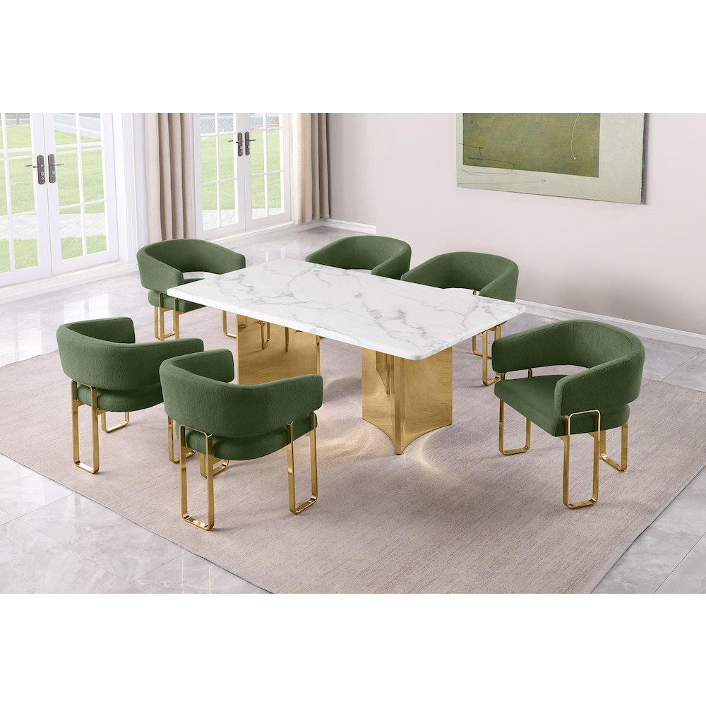 7pc Rectangular Dining Table Set with Marble Top with Green Tri-Leg Chairs