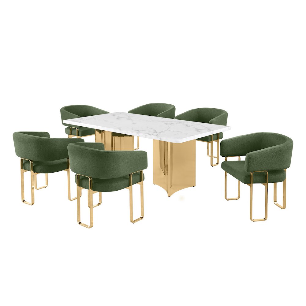 7pc Rectangular Dining Table Set with Marble Top with Green Tri-Leg Chairs