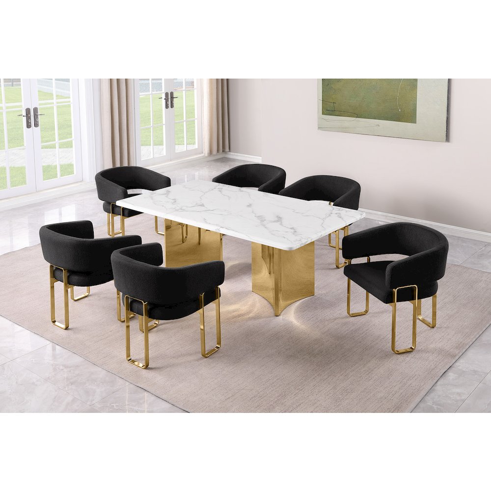 7pc Rectangular Dining Table Set with Marble Top with Black Tri-Leg Chairs