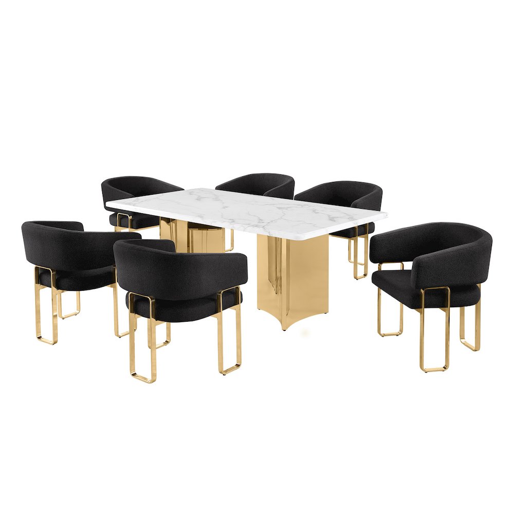 7pc Rectangular Dining Table Set with Marble Top with Black Tri-Leg Chairs
