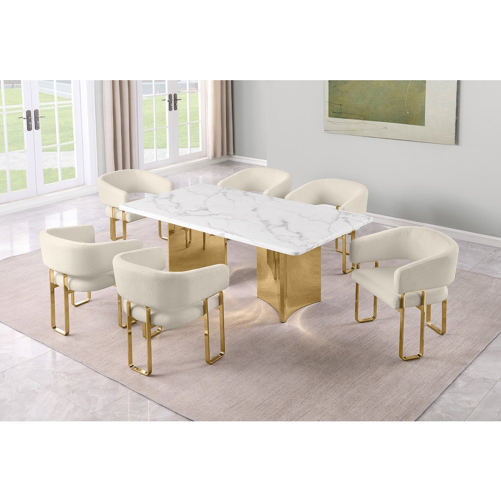7pc Rectangular Dining Table Set with Marble Top with Cream Tri-Leg Chairs