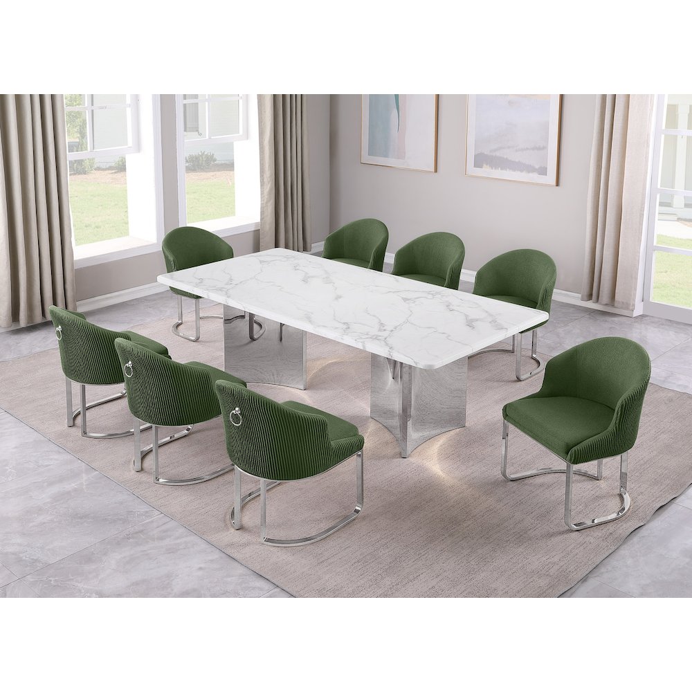 9pc Rectangular Dining Table Set with White Marble Top and Green Chairs
