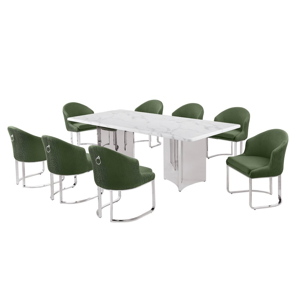 9pc Rectangular Dining Table Set with White Marble Top and Green Chairs