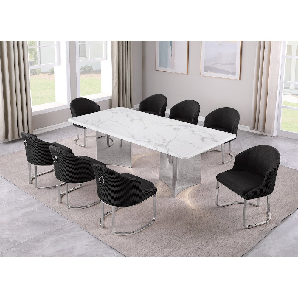9pc Rectangular Dining Table Set with White Marble Top and Black Chairs