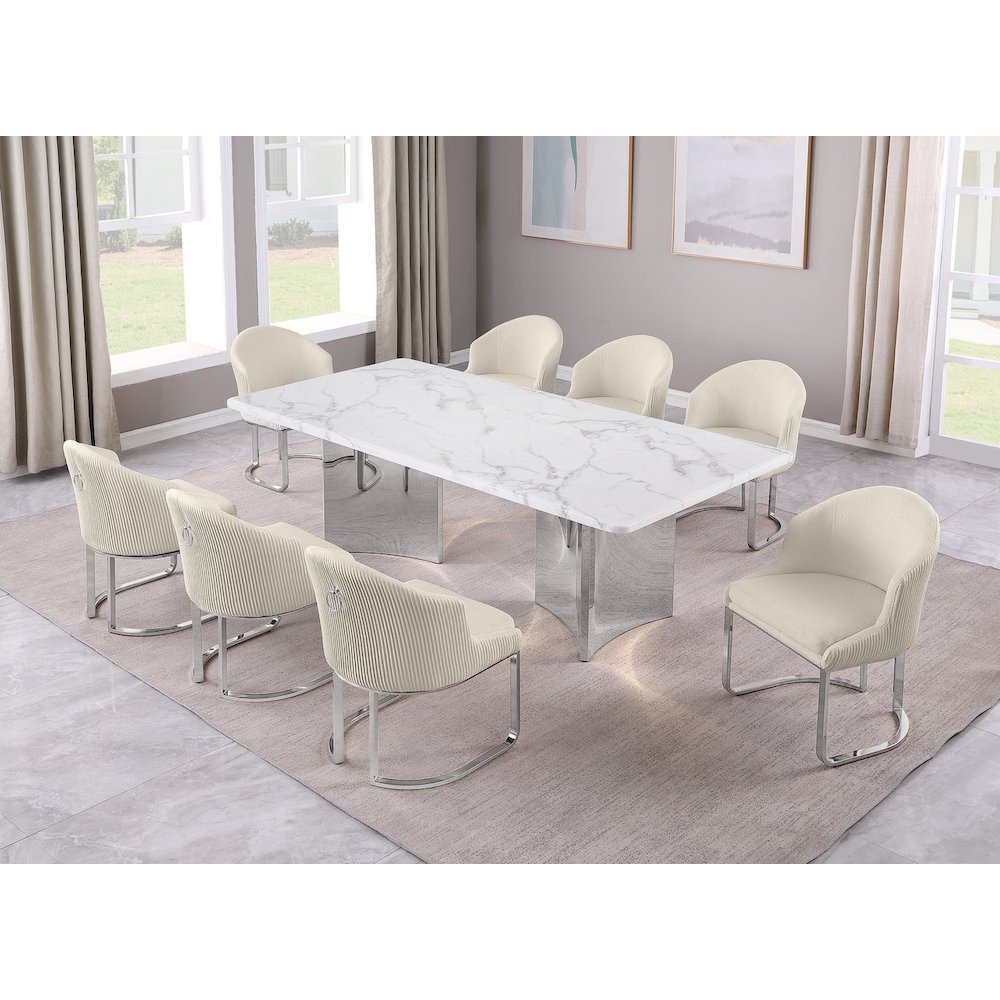 9pc Rectangular Dining Table Set with White Marble Top and Cream Chairs